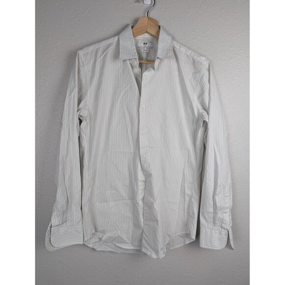 Uniqlo Shirt Mens Large White Gray Pinstripe Button Down Stretch Long Sleeve - Picture 1 of 8